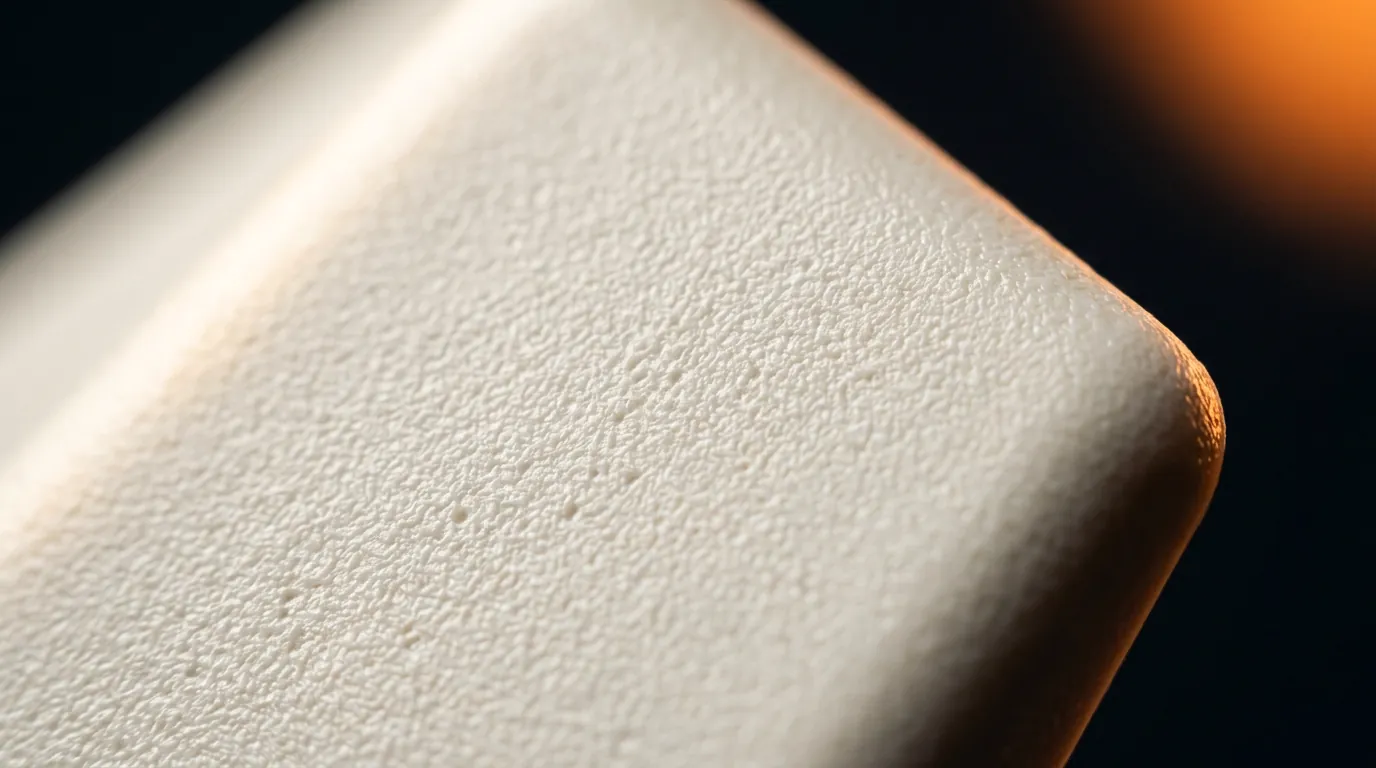 Macro fotográfica de la superficie de ABS inyectado, textura mate y micro-grano característico del polímero técnico.